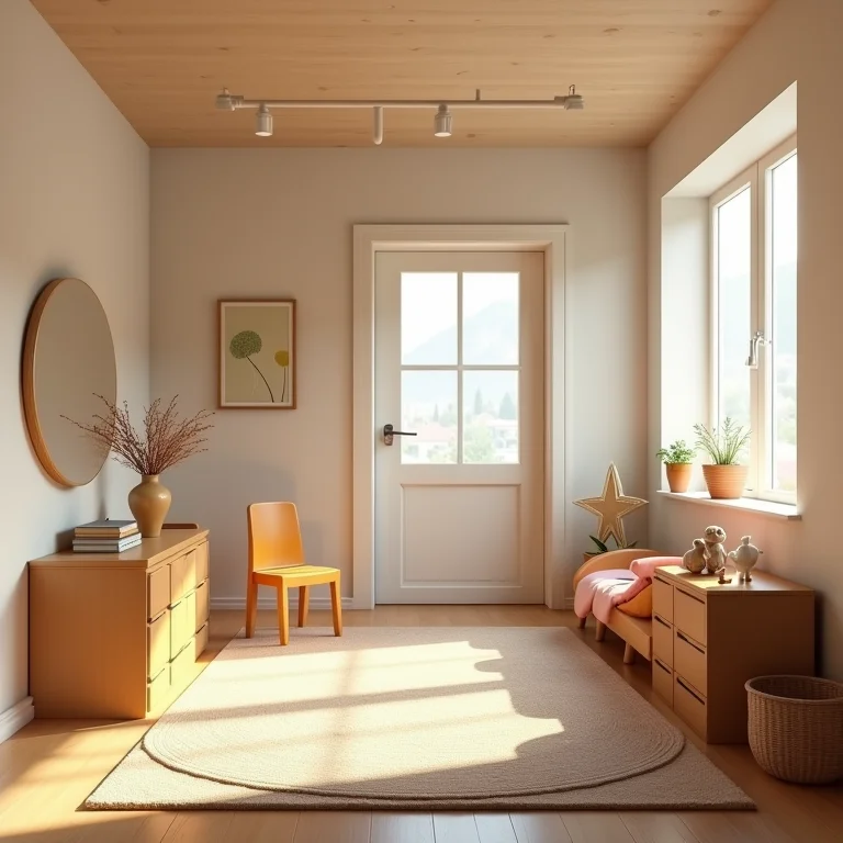 Iluminação inadequada em um quarto montessoriano, criando sombras e desconforto.