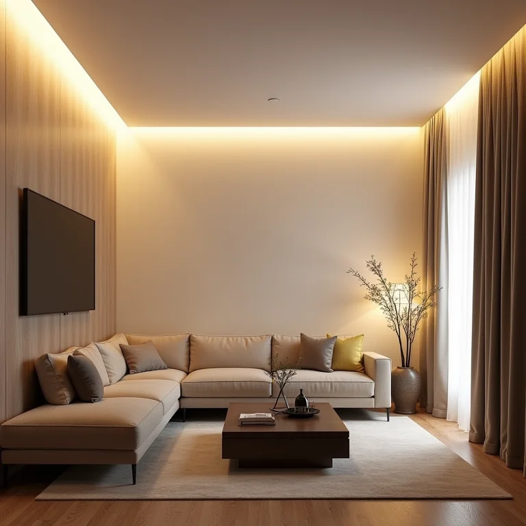 Iluminação indireta branco quente criando atmosfera aconchegante em sala minimalista