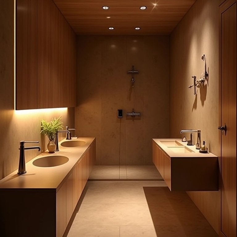 Iluminação indireta em banheiro rústico com cimento queimado.