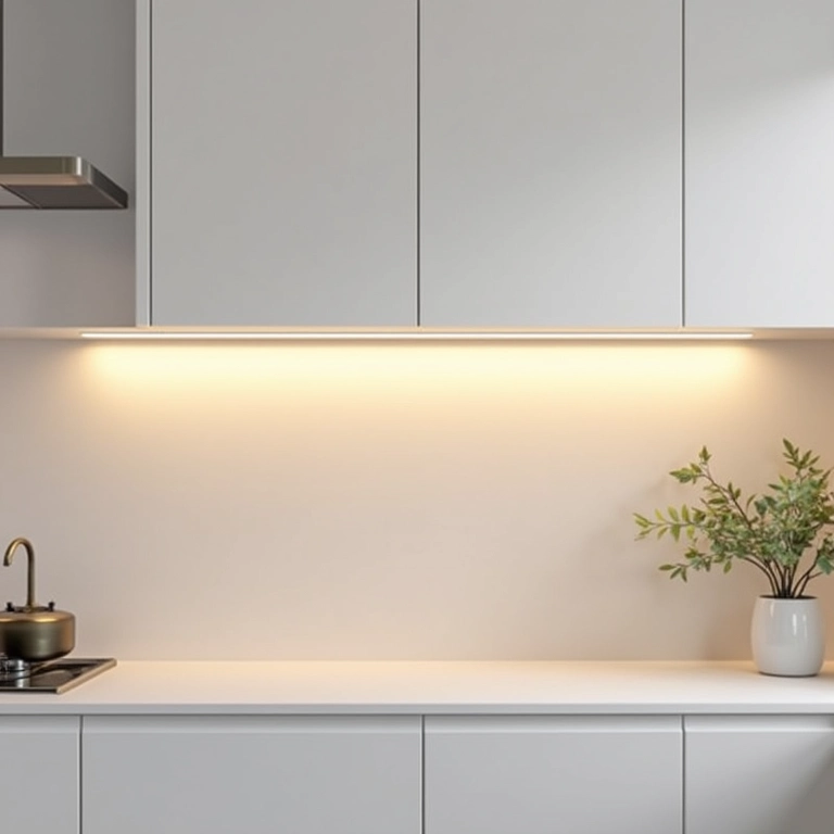 Iluminação interna em armários brancos.