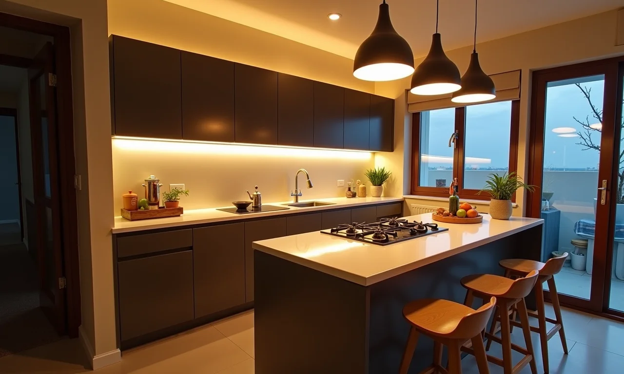 Iluminação LED e pendentes em cozinha pequena criando ambiente acolhedor.