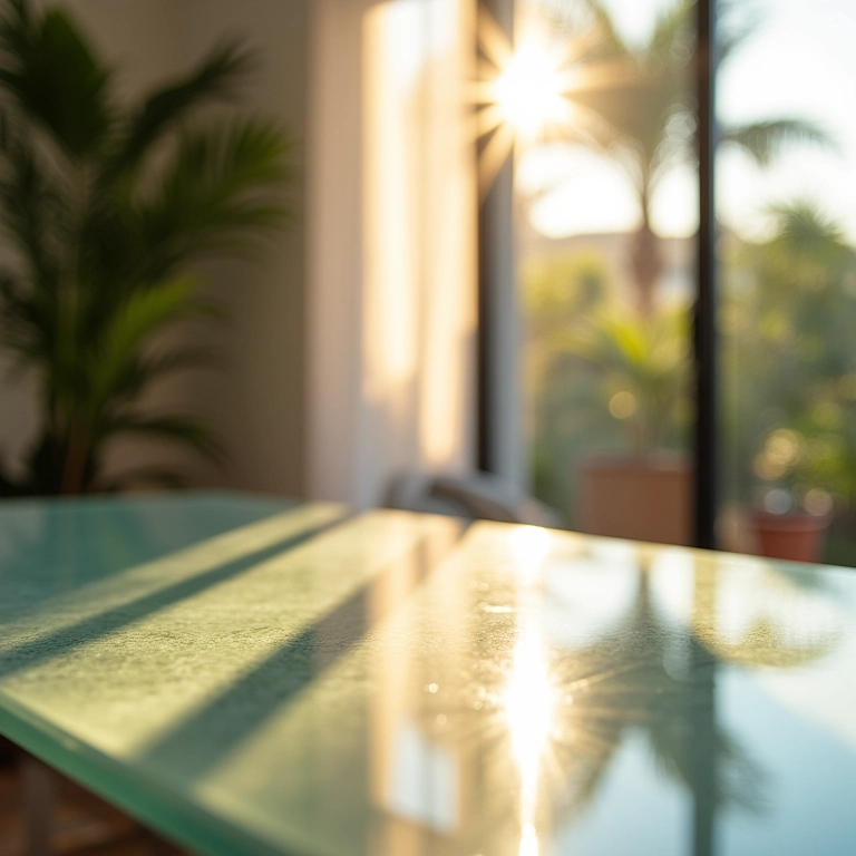 Iluminação natural destacando mesa de vidro em sala de jantar ensolarada.