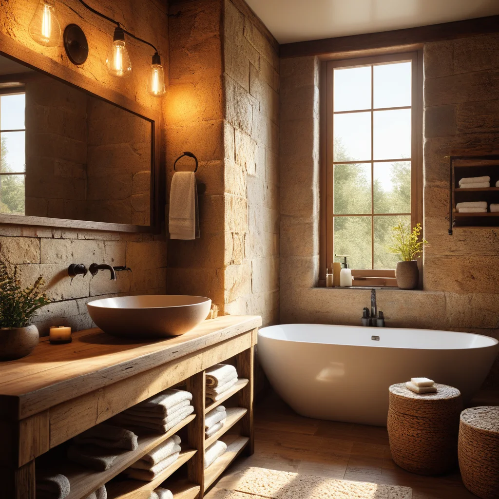 Iluminação natural valorizando o ambiente rústico do banheiro.