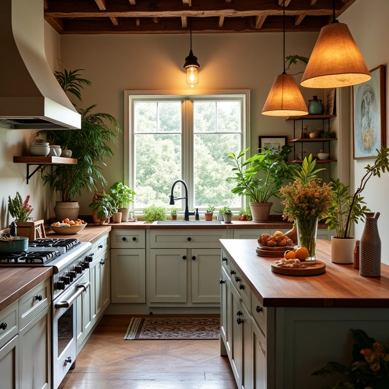 Iluminação provençal com luz natural e pendentes aconchegantes.