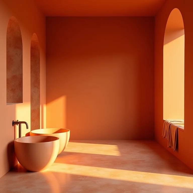 Iluminação suave em banheiro com paredes em terracota