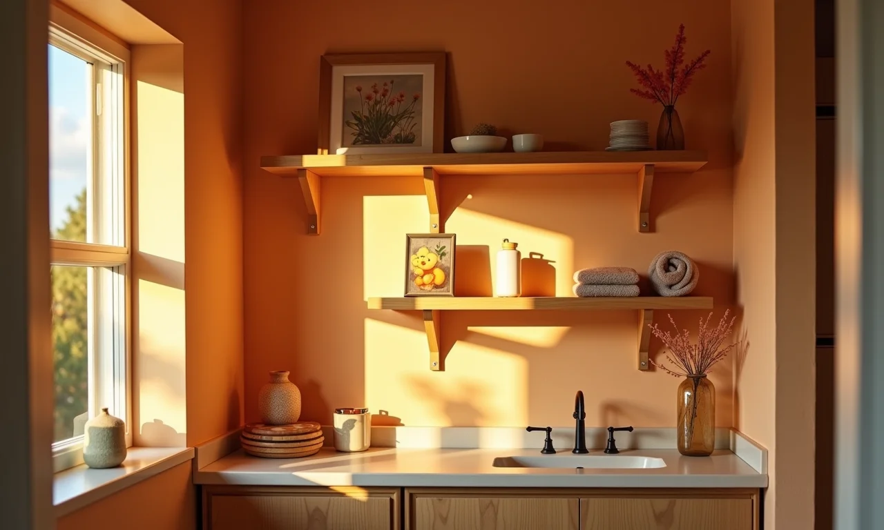 Iluminação valorizando a decoração em prateleiras do banheiro.