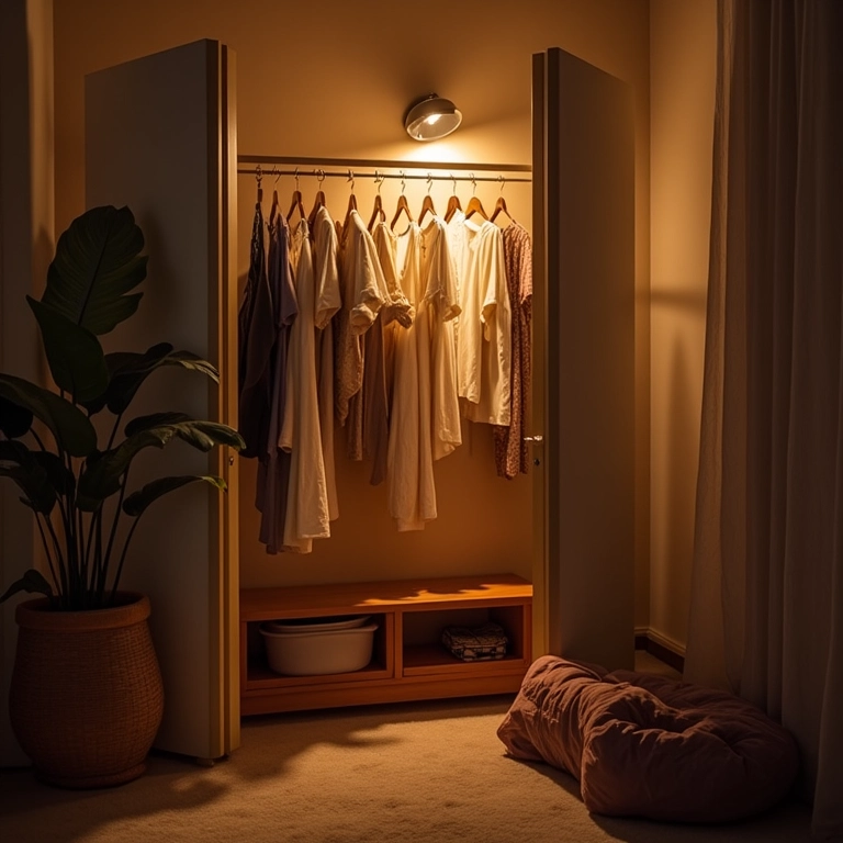 Iluminação valorizando arara de roupas e peças.