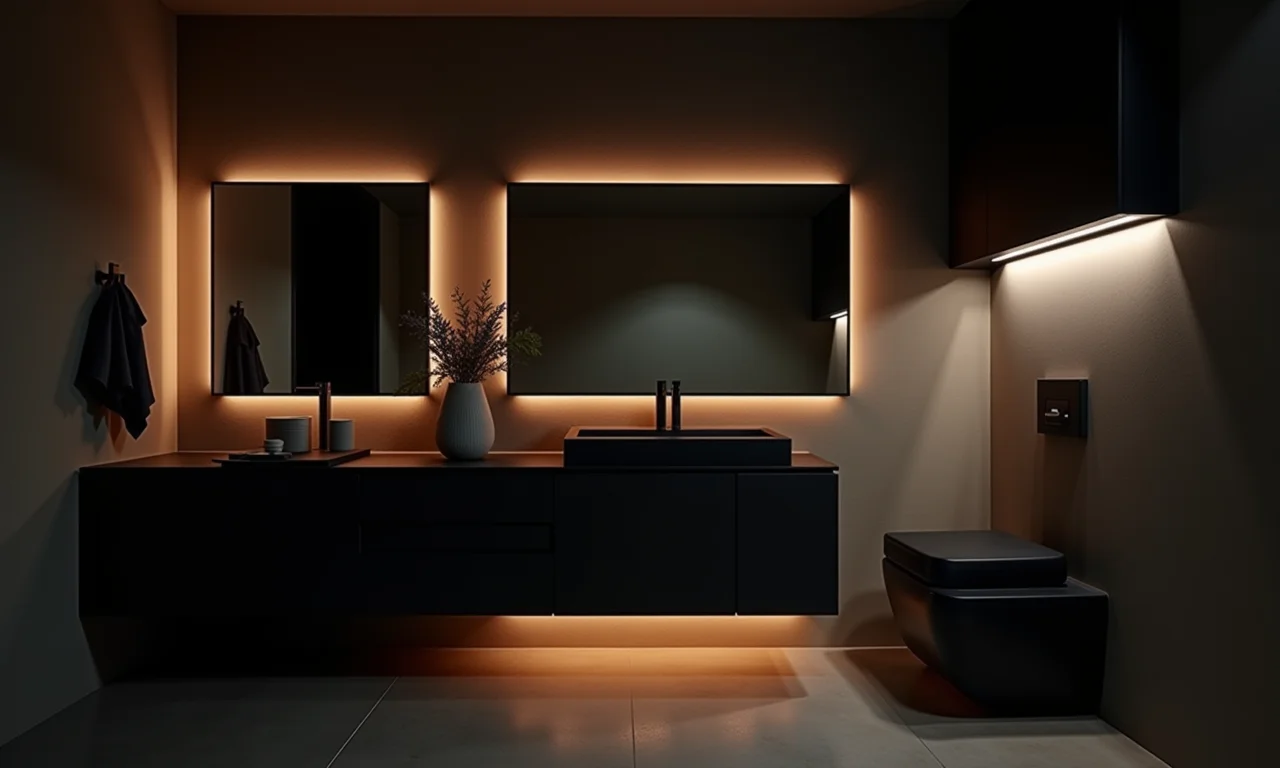 Iluminação valorizando o gabinete preto no banheiro.