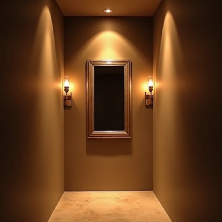 Iluminação valorizando um espelho decorativo em um corredor.