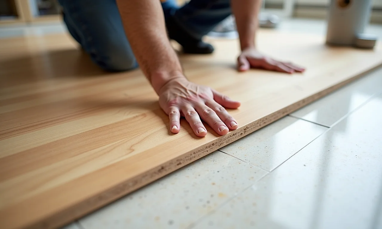 Instalação de manta acústica sob o piso laminado para isolamento de ruídos.