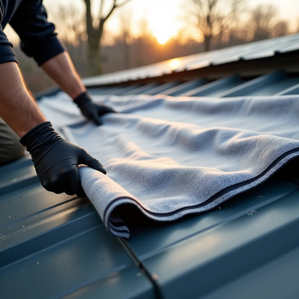 Instalação de manta térmica no telhado para isolamento.