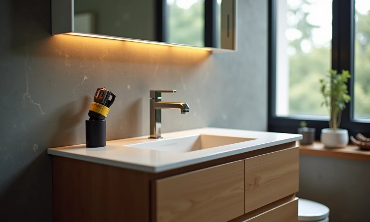 Instalação de uma bancada suspensa no banheiro, mostrando as ferramentas e medidas.