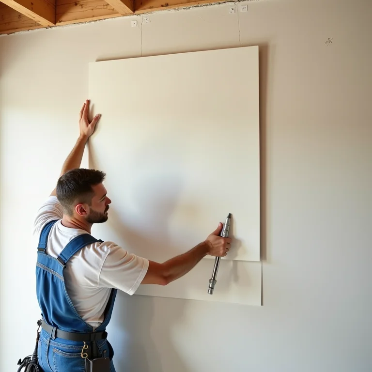 Instalador profissional aplicando drywall.