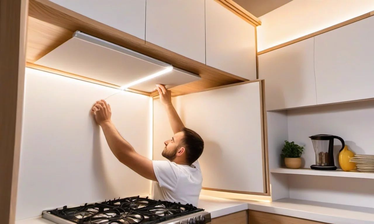 Instalando fita de LED sob armário.