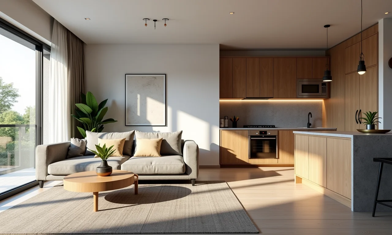 Integração de ambientes em studio, ampliando espaço com cozinha e sala conectadas e decoração brasileira.