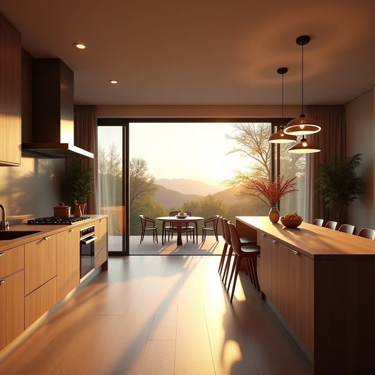 Integração de cozinha e sala de jantar com porta de correr aberta.