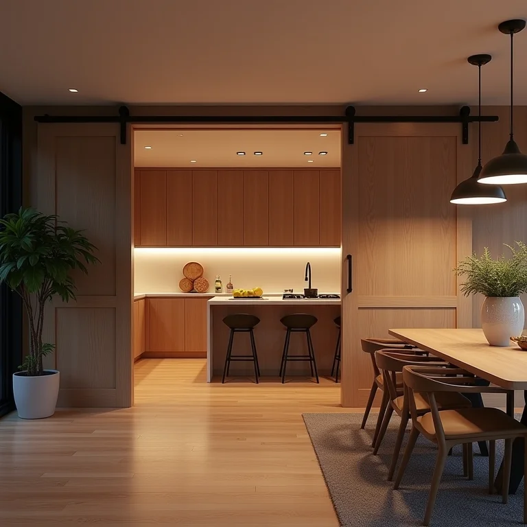 Integração e isolamento de ambientes com porta de correr na cozinha