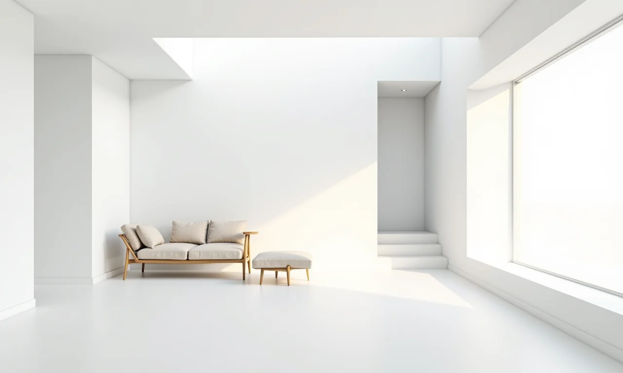 Interior de casa minimalista com paredes brancas e móveis simples.