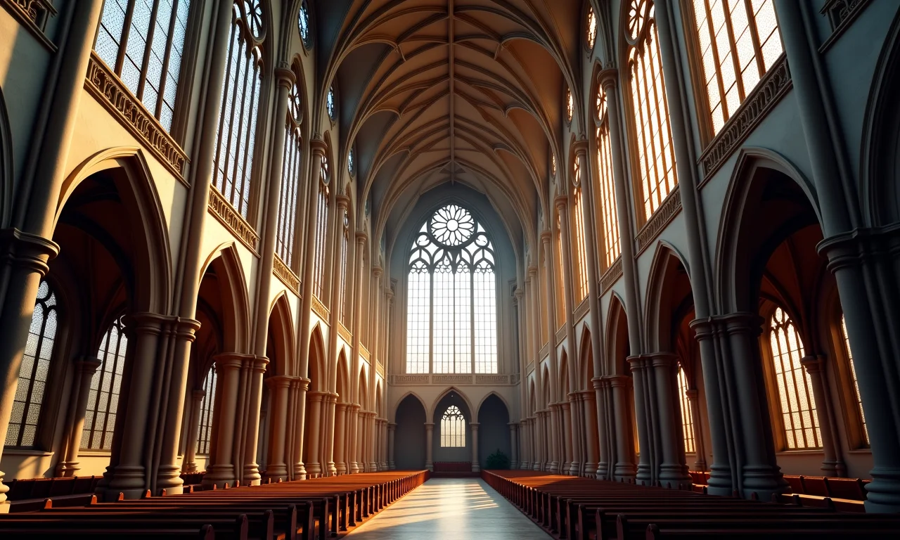 Interior de catedral gótica com arcos ogivais e vitrais.