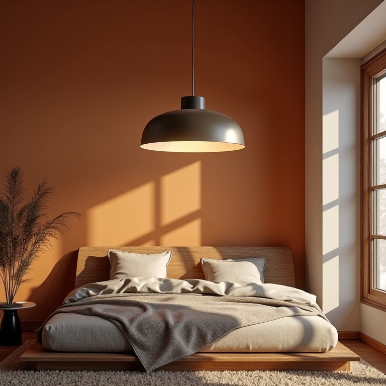 Interior de quarto com pendente combinando com outros elementos da decoração, design brasileiro.