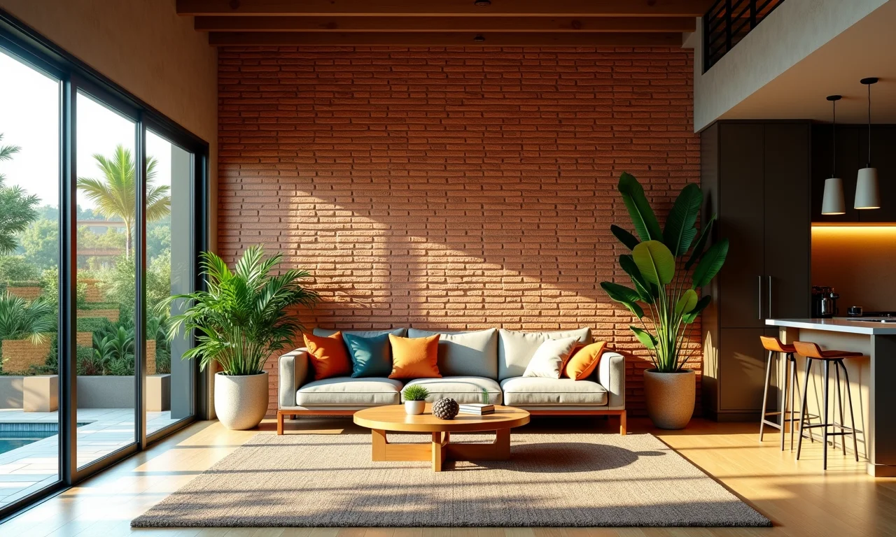 Interior de residência em Curitiba com parede de tijolos ecológicos e decoração vibrante.