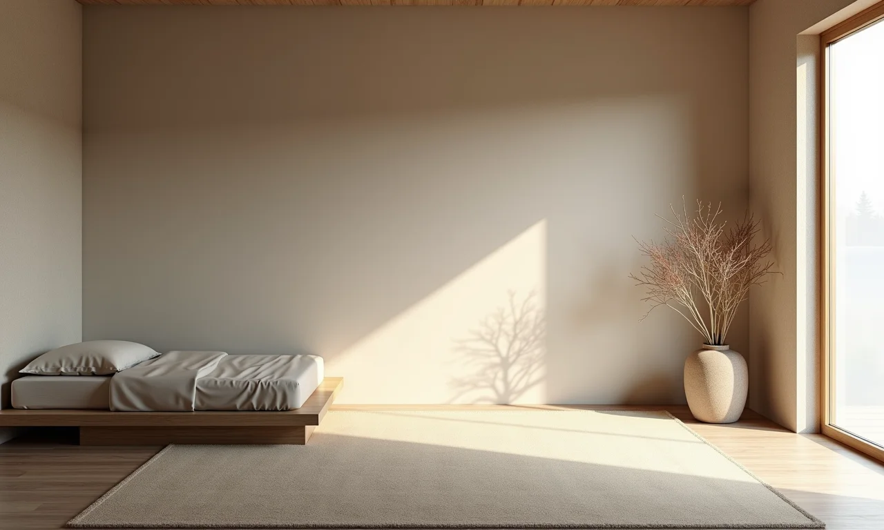 Interior wabi-sabi com cores neutras e tons terrosos.