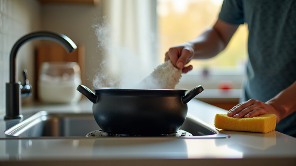 Iron cauldron pot, cleaning process, kitchen sink, sponge, natural light, lifestyle photography, 8K Limpeza e cuidado com panela caldeirão de ferro fundido.