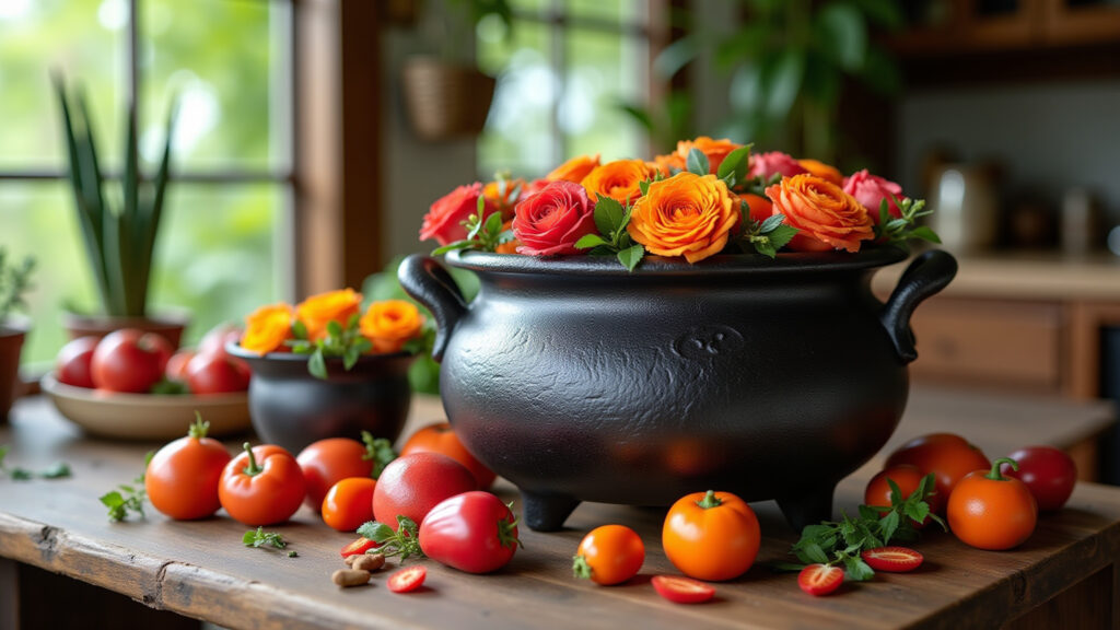 Iron cauldron pot, vibrant flowers, rustic table, Brazilian decor, Farm Rio style, natural light, Panela caldeirão decorativa com flores coloridas.