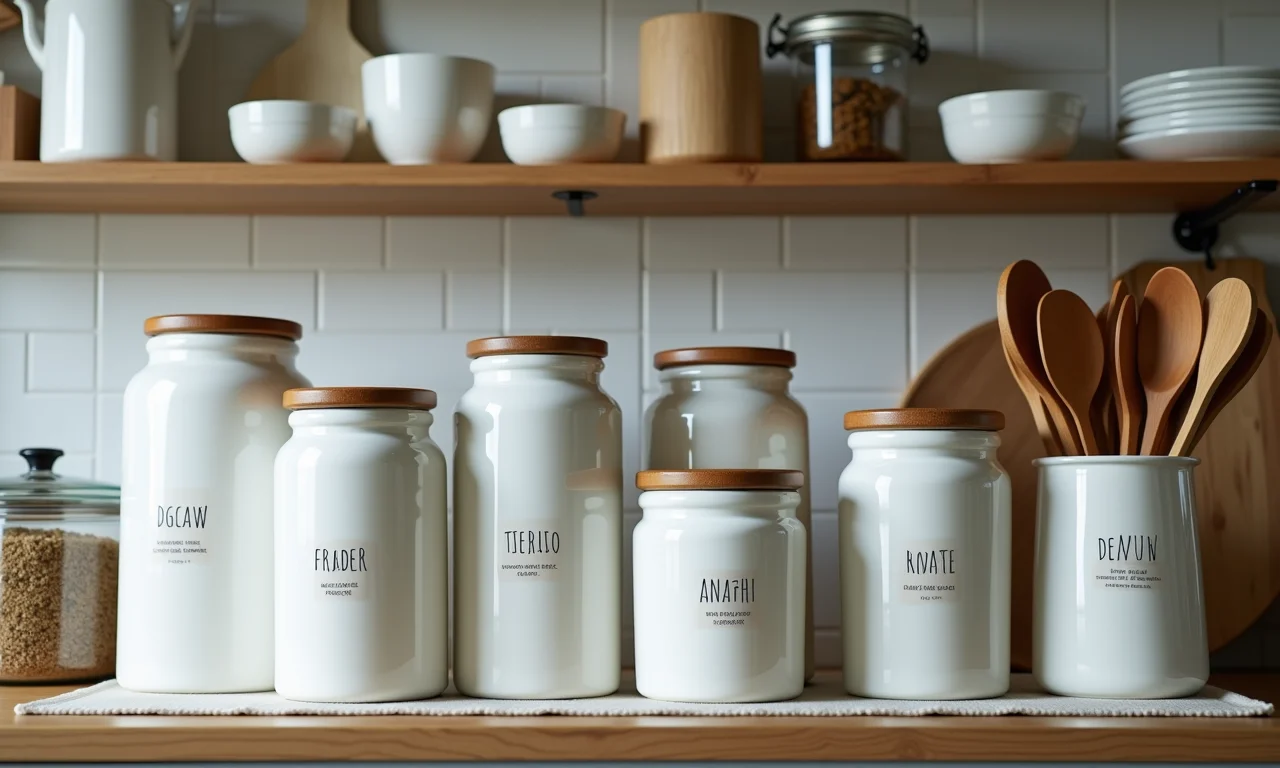 Itens de cozinha organizados em prateleiras.