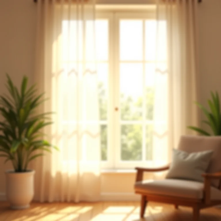 Janela com cortinas translúcidas permitindo a entrada de luz natural.