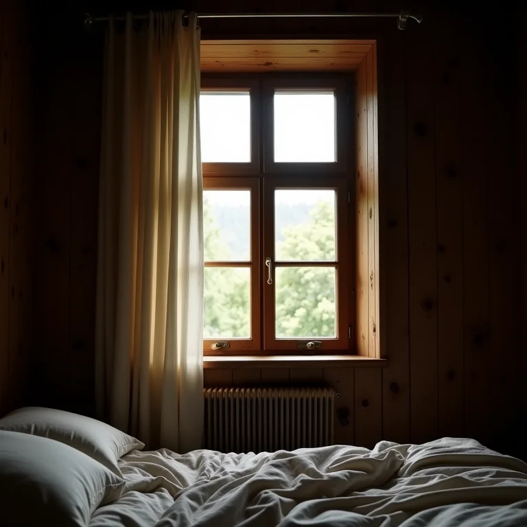 Janela fechada em quarto rústico, sem ventilação