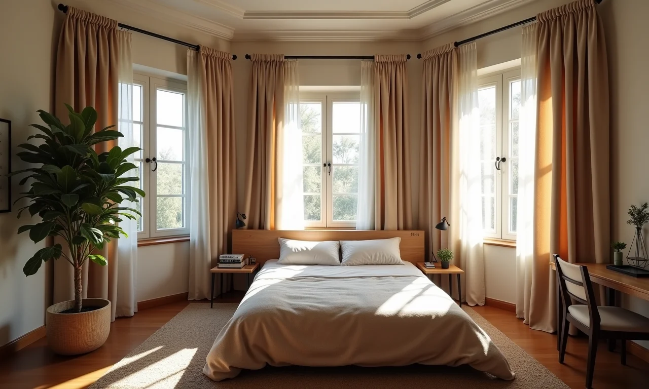 Janelas fechadas com cortinas acústicas, isolando o som do ambiente.