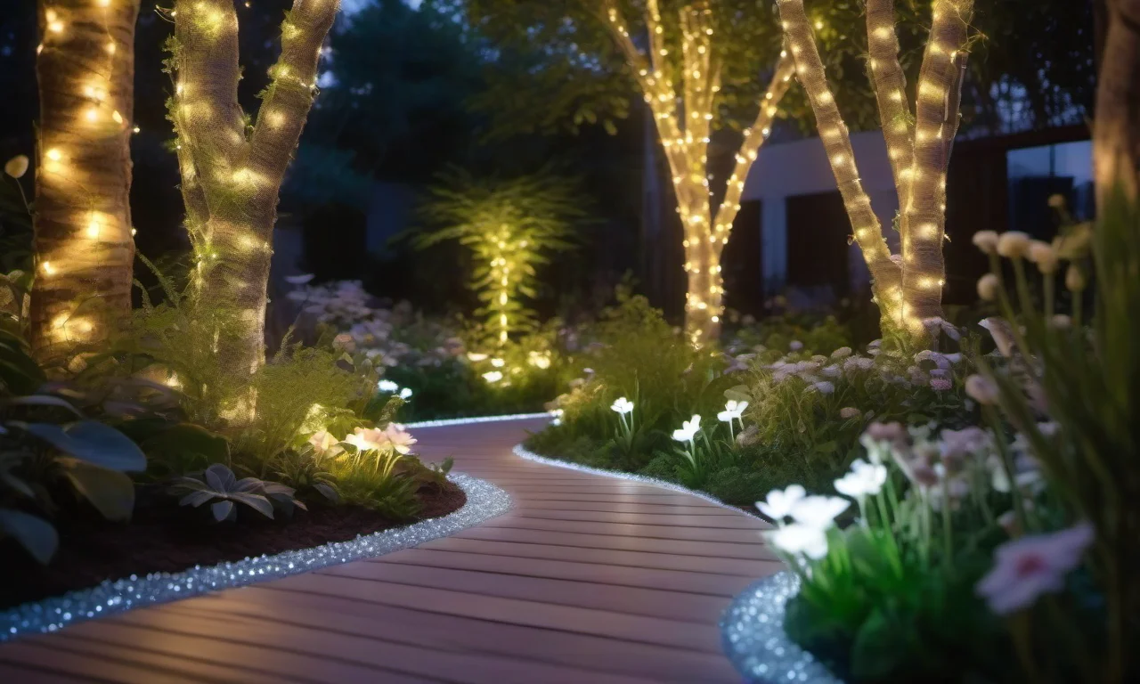 Jardim charmoso com fitas de LED em árvores e plantas.