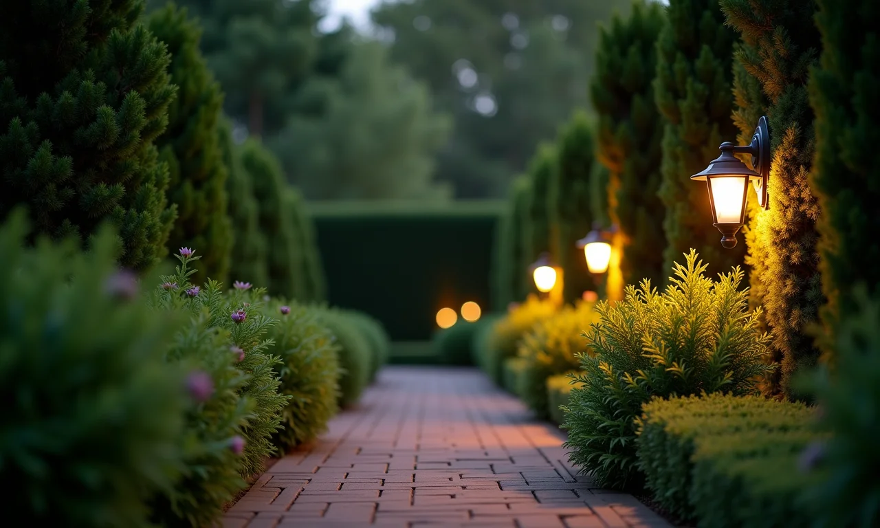 Jardim com arandelas destacando a beleza natural das plantas.