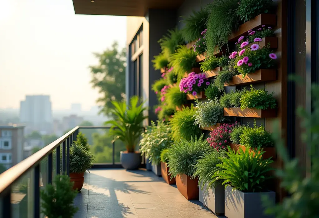 Jardim vertical exuberante em varanda ensolarada