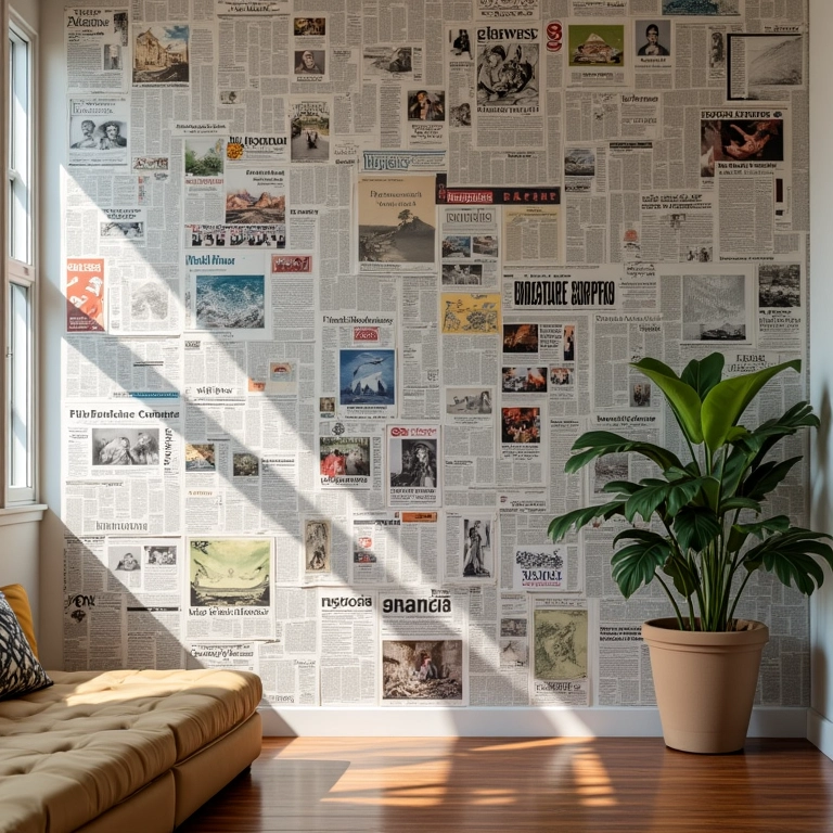 Jornais e revistas como decoração de paredes.