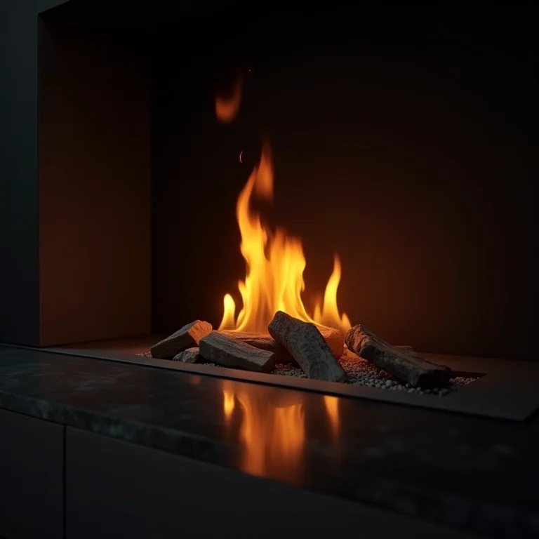 Lareira ecológica acesa em sala brutalista, proporcionando calor.