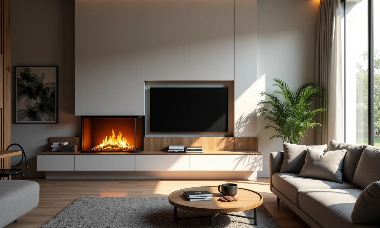 Lareira ecológica de embutir em sala de estar moderna.