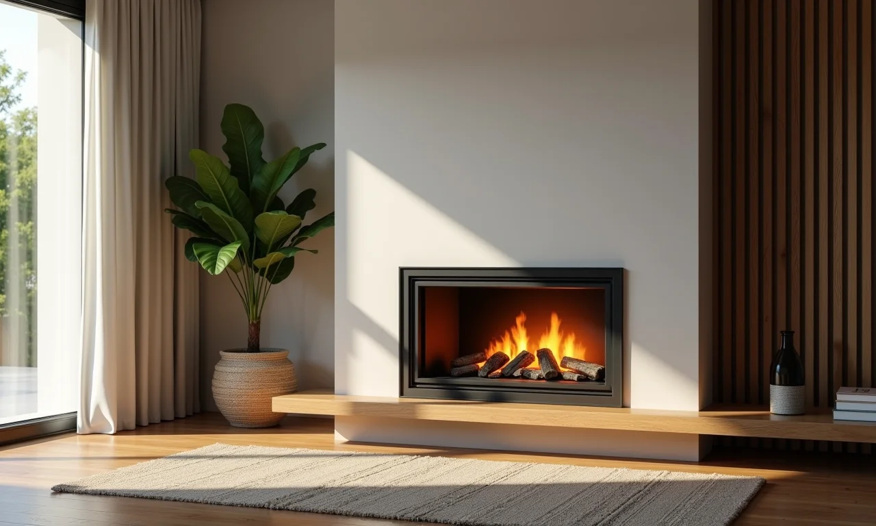 Lareira ecológica de piso em sala de estar aconchegante.