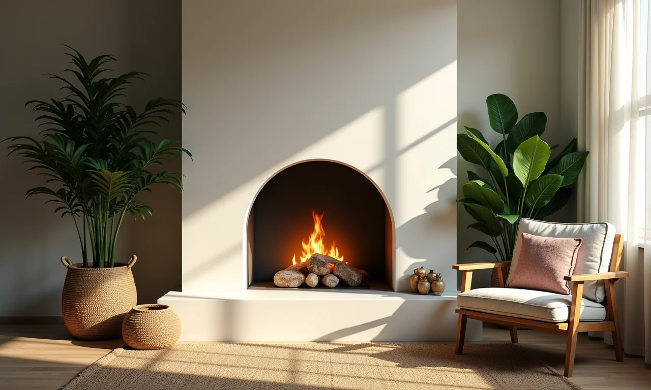 Lareira ecológica em casa sustentável, transmitindo conforto e calor.