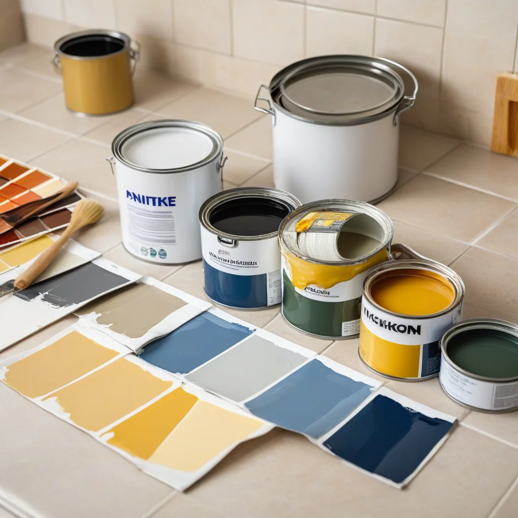 Latas de tinta e amostras de cores para azulejos