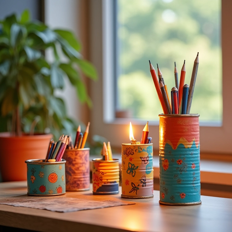 Latas decoradas como porta-trecos e luminárias.