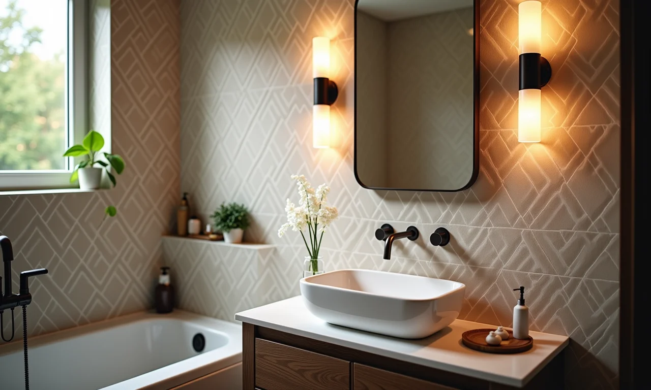 Lavabo bem iluminado com luminárias modernas que realçam o design do papel de parede.
