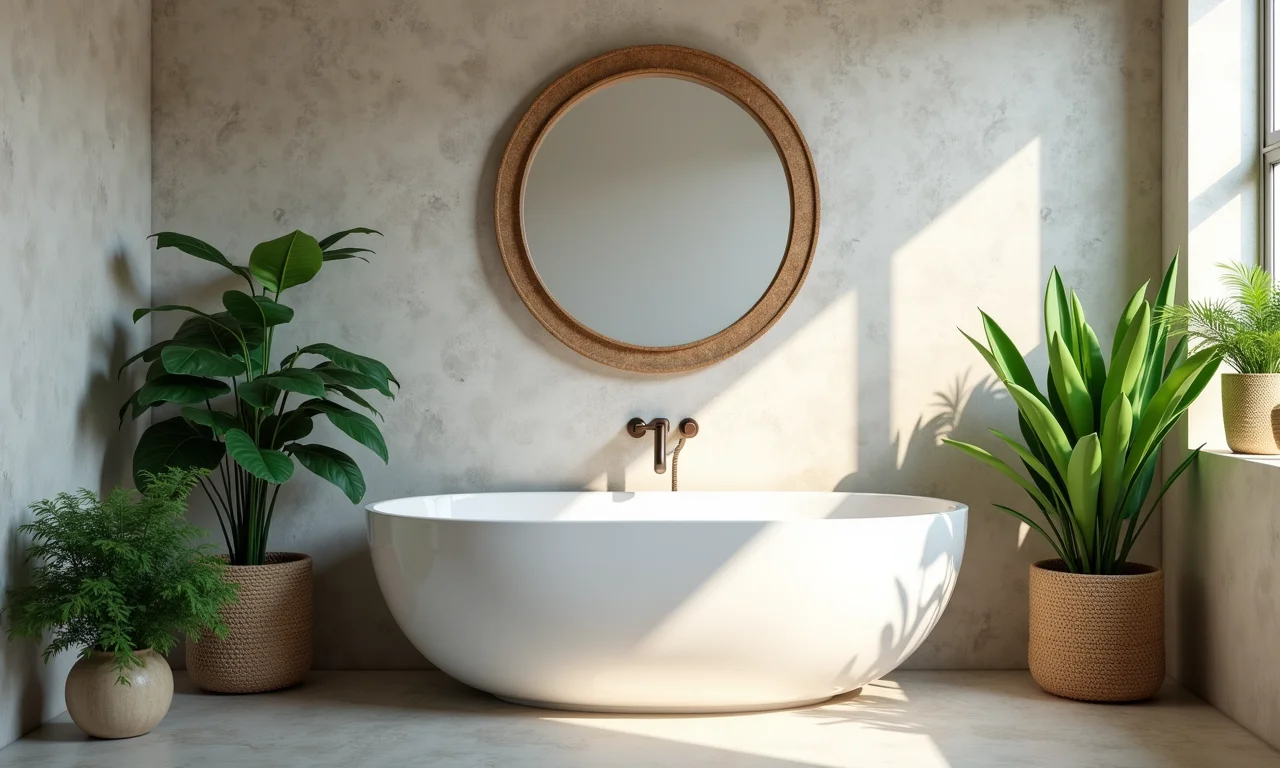 Lavabo com plantas adicionando um toque de frescor e complementando o design do papel de parede.