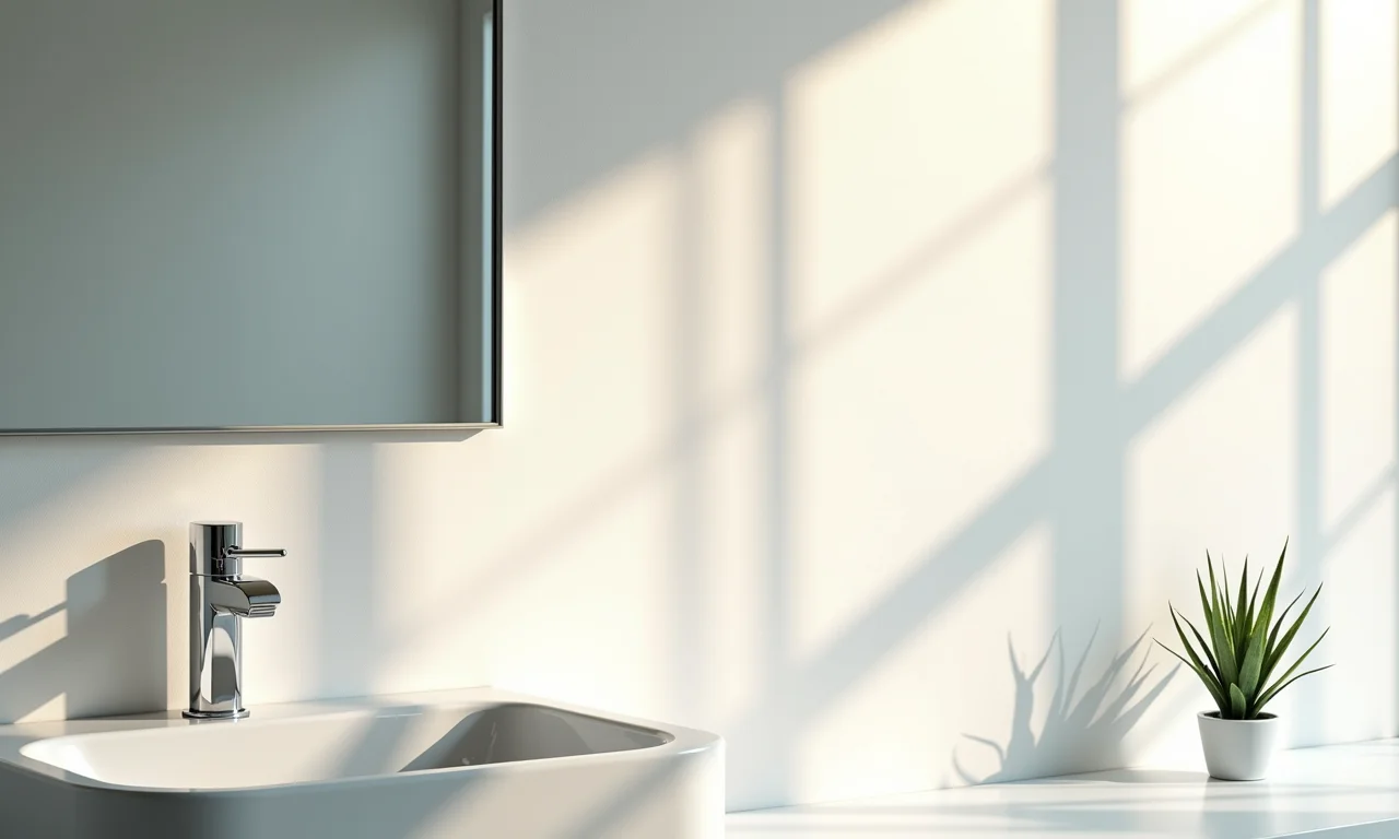 Lavabo com um espelho grande refletindo o papel de parede, ampliando o espaço visualmente.