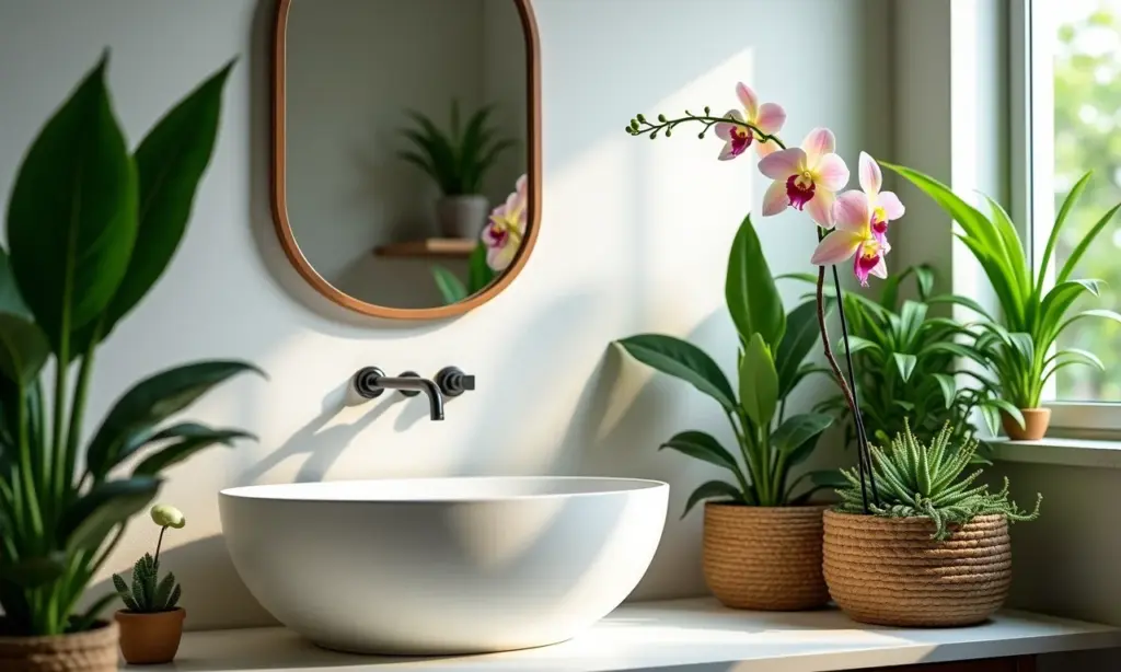Lavabo decorado com plantas diversas em estilo brasileiro moderno.