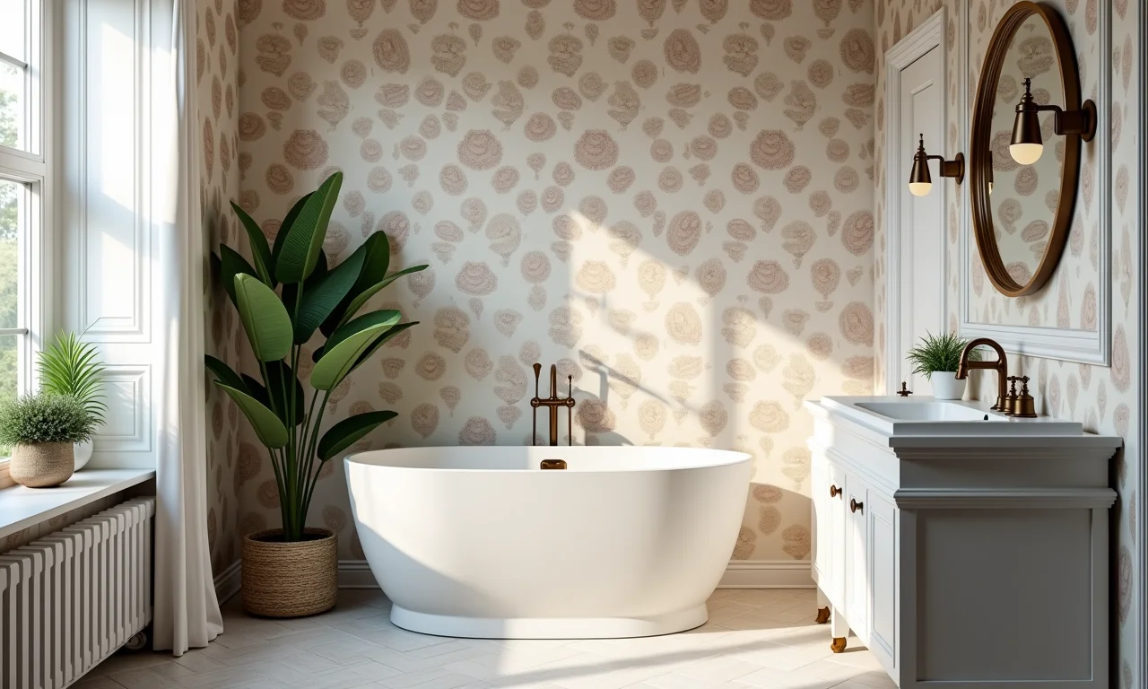 Lavabo elegante com papel de parede estampado, demonstrando as vantagens de renovação fácil.