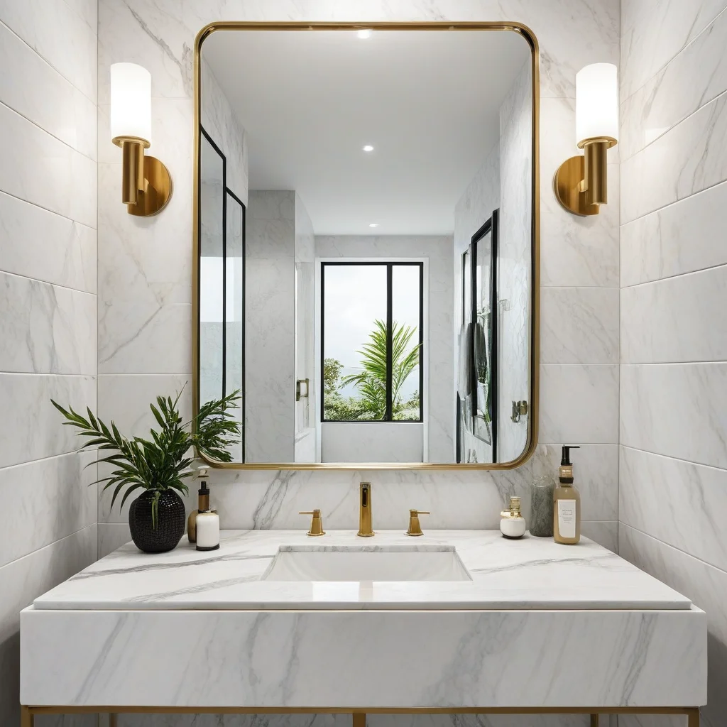 Lavabo estiloso com porcelanato Carrara e decoração artesanal brasileira.
