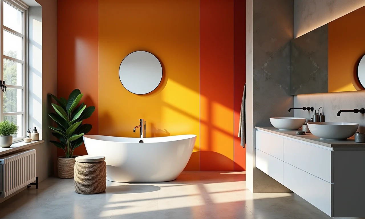 Lavabo grande com papel de parede ousado e vibrante, mostrando uma escolha de design marcante.