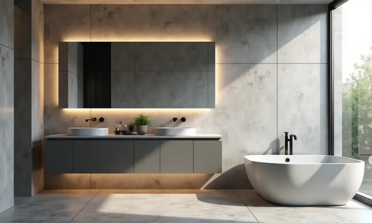 Lavabo industrial com paredes de cimento queimado e design minimalista.